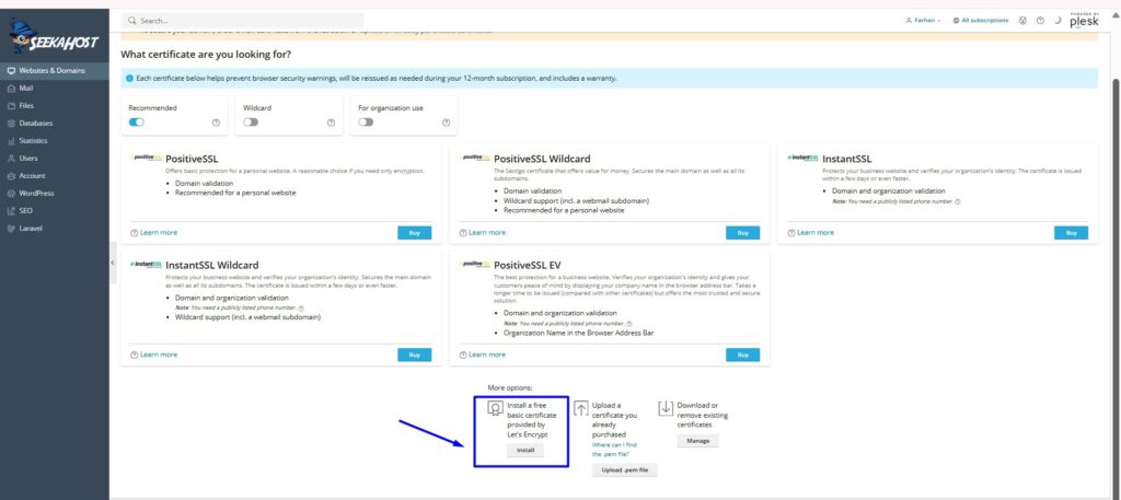 click install free certificate