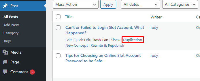 Duplication post or pages