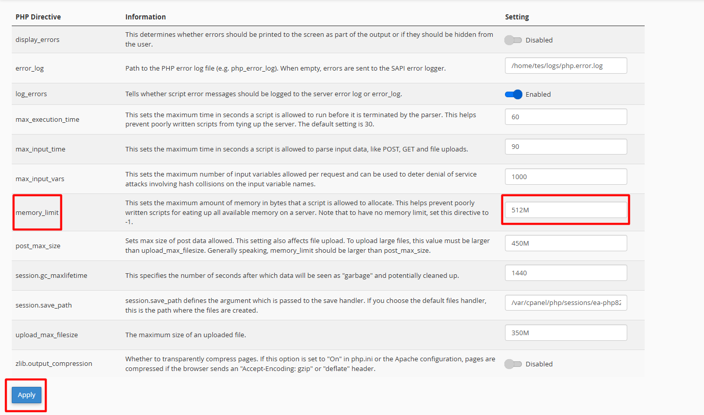 increase memory limit in php directives