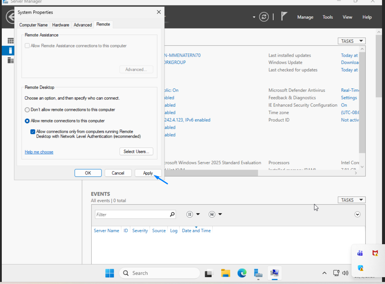 click apply to enable rdp connection