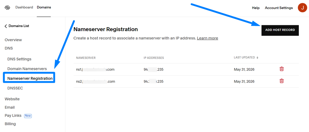 click nameserver registration and add host record