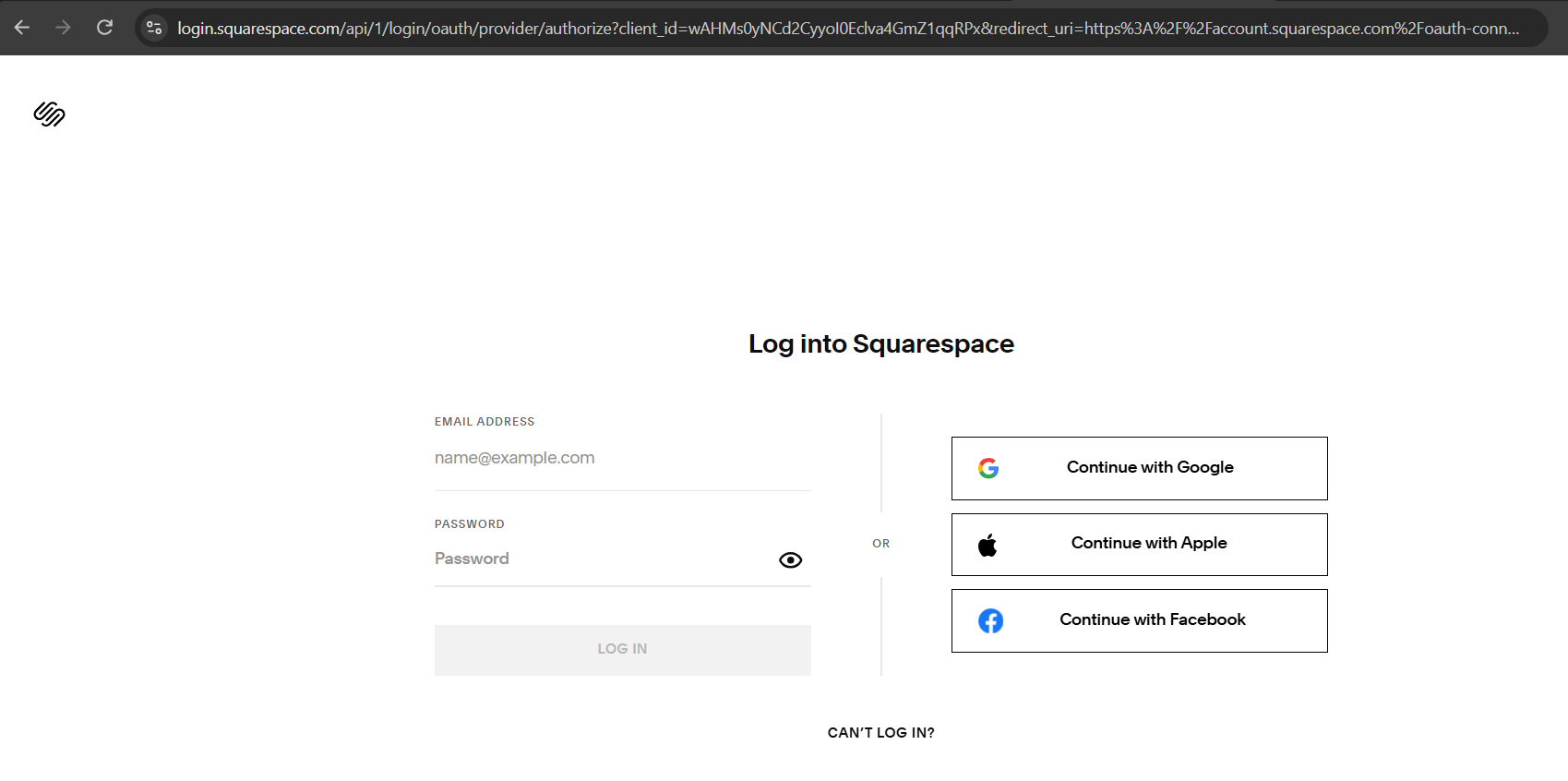 squarespace login page